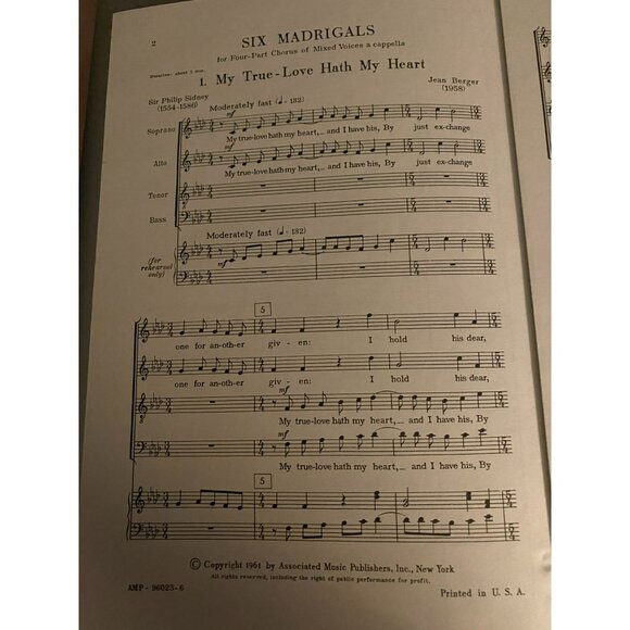 2 copies of Jean Berger "Six Madrigals 1. My True-Love Hath My Heart" SATB A Cap - Picture 2 of 5